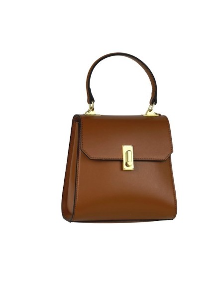 Elegant leather bag with short handle, long strap, and back pocket