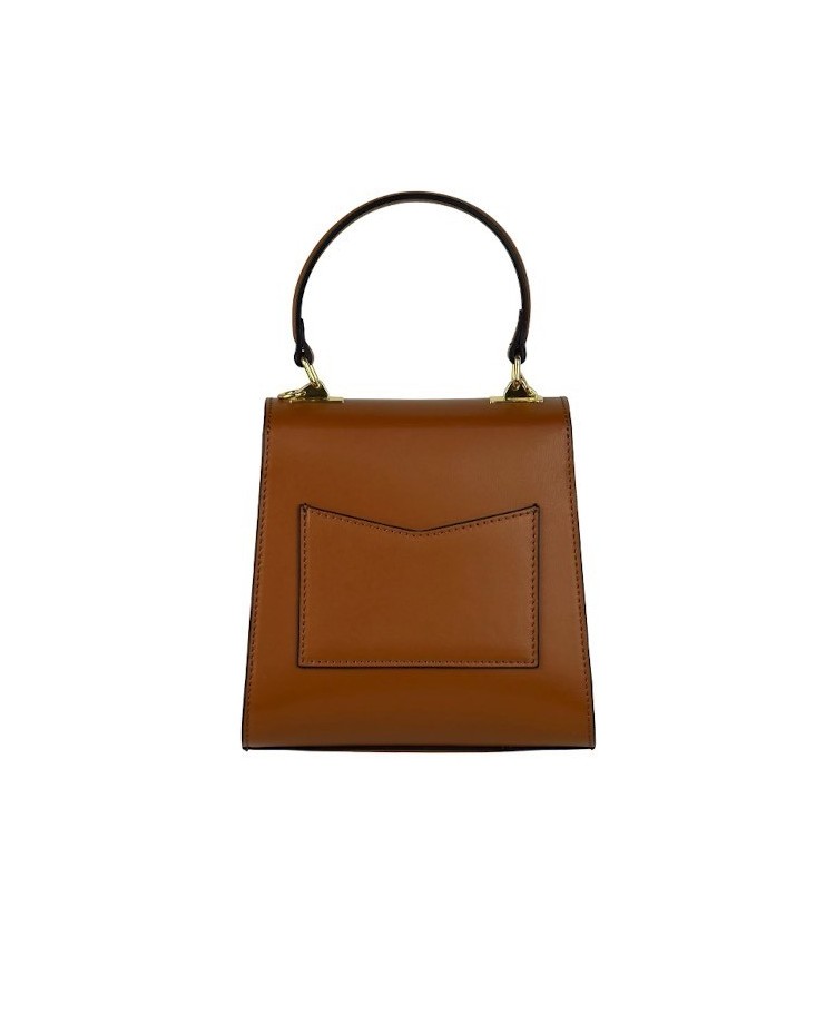 Elegant leather bag with short handle, long strap, and back pocket